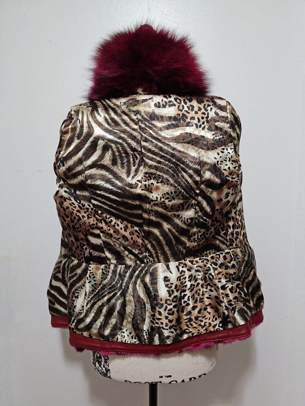 NewReal Mink Fur Coat Striped Mosaic Pieced Wine Red Burgundy Magenta Plum Fox - Picture 5 of 5